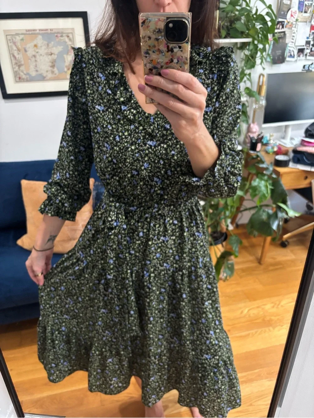 Michael Kors Women's Long Sleeve Midi Dress in Black, Blue & Green Floral Size M